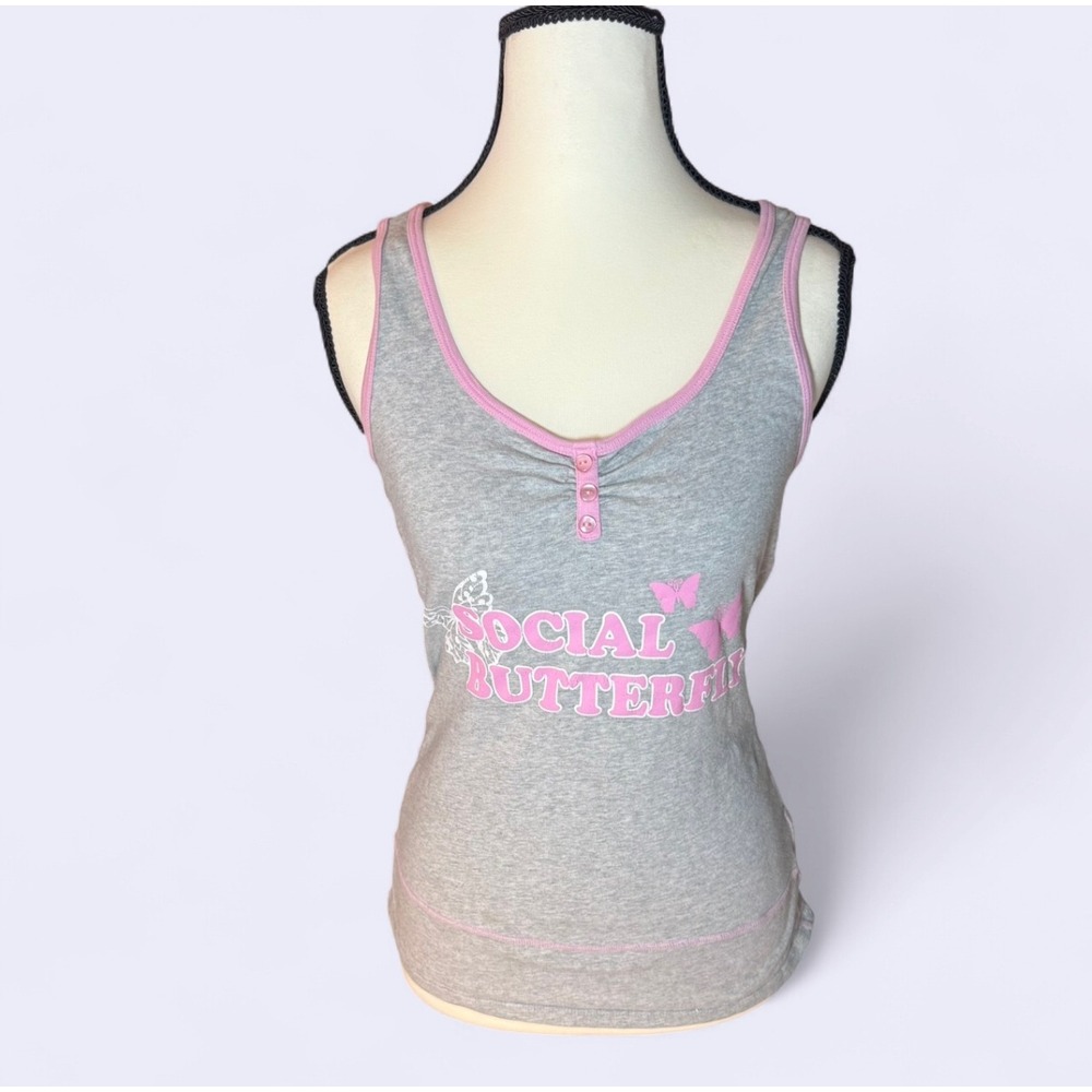 No Boundaries Gray Pink Social Butterfly‎ Tank Top